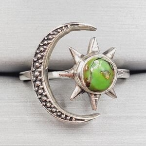 925 Silver Moon and Sun Ring with Green Turquoise Stone